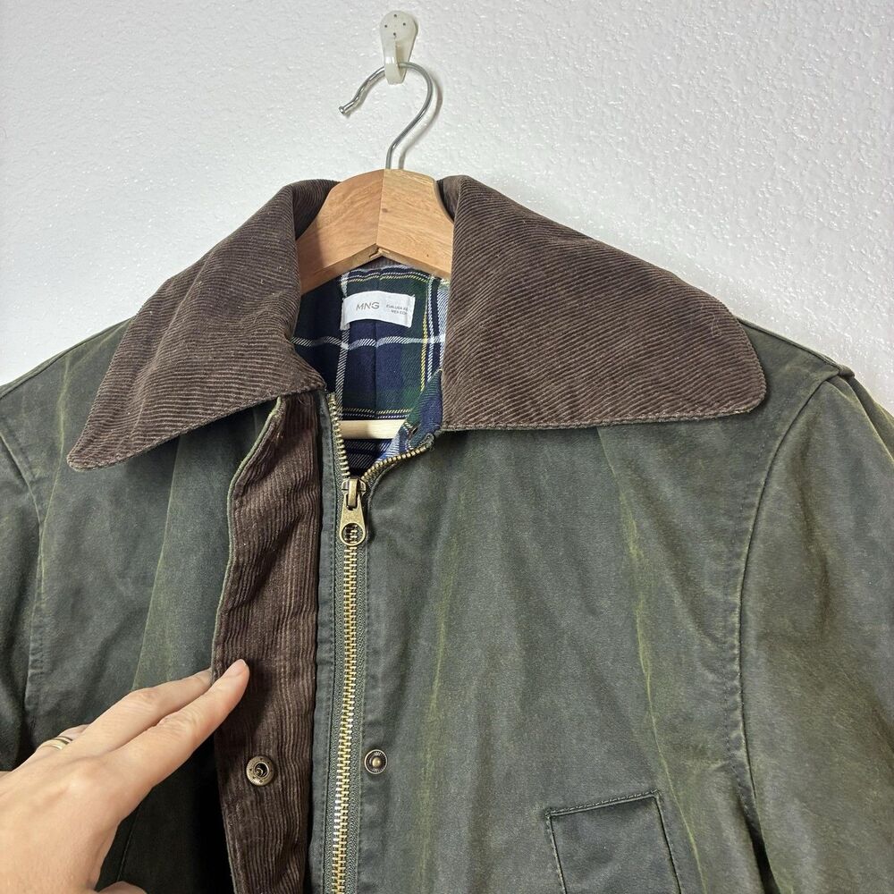 Mango Waxed Effect Barn Jacket Womens XS Green Corduroy Collar Plaid Lined - Picture 14 of 16
